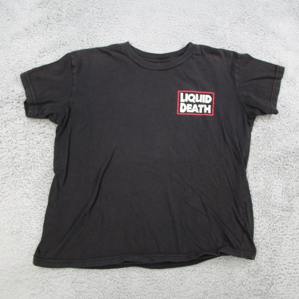 Liquid Death T-Shirt Kids Medium Black Graphic Short Sleeve Monster Can Car Tee